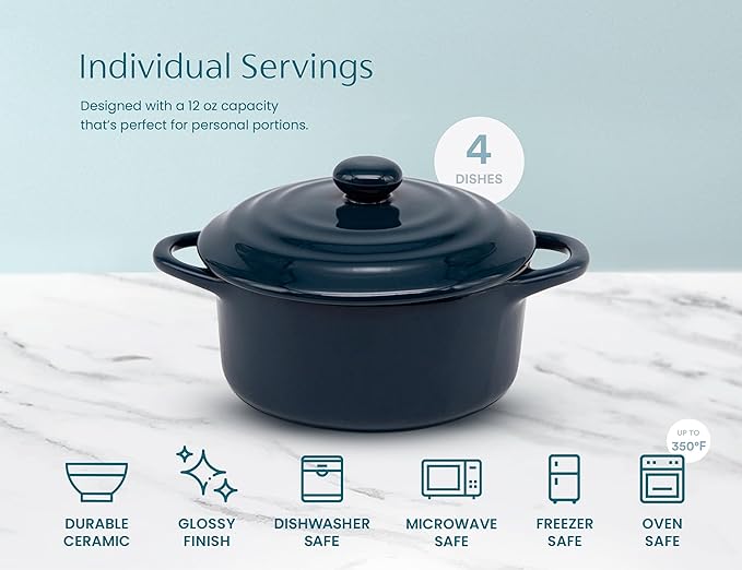 Kook Ceramic Mini Cocotte Set, Small Casserole Dishes with Lids and Handles, Individual Baking Ramekins, Oven safe 500F, Microwave & Dishwasher Safe, Stoneware, 12 oz, Set of 4, (Navy)