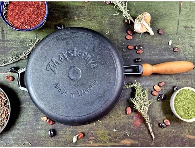 Crepe Pan Cast Iron Pancake Pan with Wooden Handle 9.5 x 0.8" Cooking Pan for Omelette Dosa Pan, Induction Safe