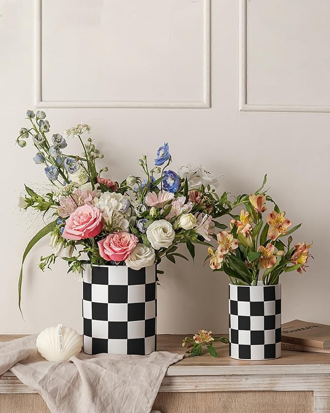 Checkered Utensil Holder, 7.1"+5.8" Inch Ceramic Spatula Holder, Black Cooking Kitchen Utensil Holder for Countertop, Kitchen Decor and Accessories for Counte