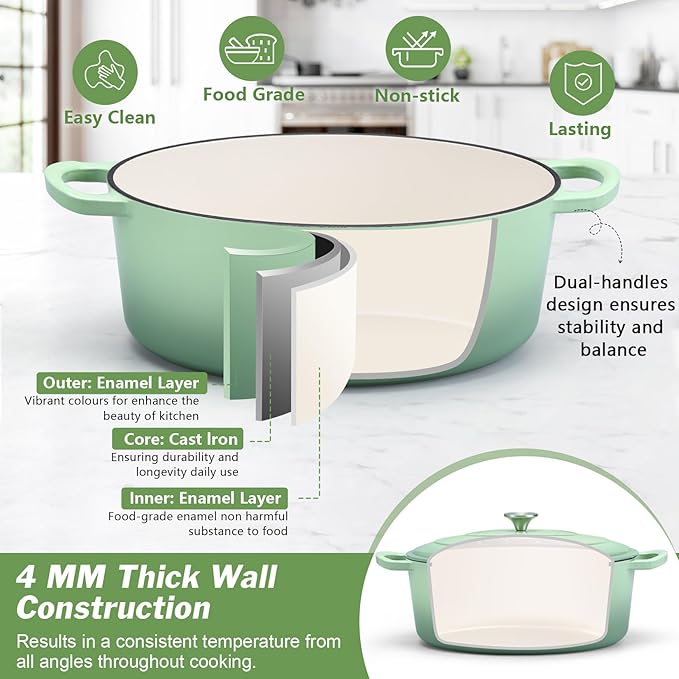 P&P CHEF Oval Dutch Oven with Lid, Enameled Cast Dutch Oven Pot for Bread Baking, Braising, Stewing, Roasting, Non-Stick & Oven Safe, Dual Handles & Easy Clean, 7QT & Pistachio Green, Valentine's Day
