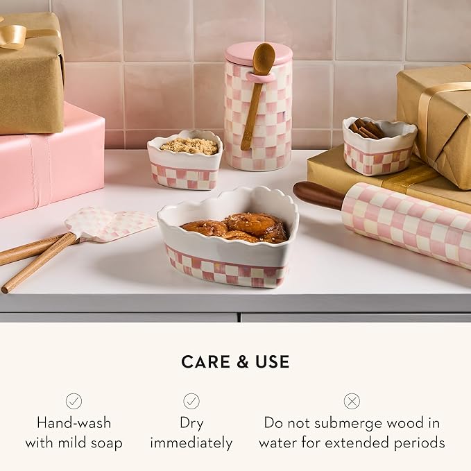 MACKENZIE-CHILDS Rolling Pin, Ceramic Decorative Roller Pin for Baking, Pink-and-White Rosy Check