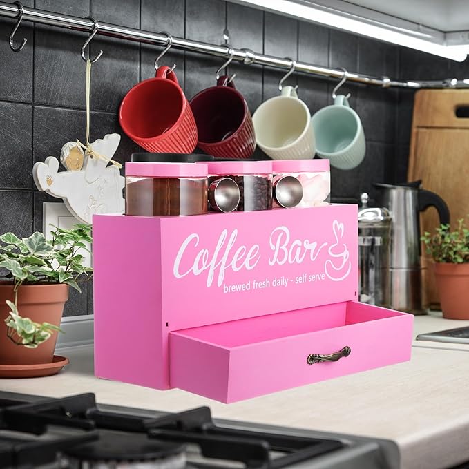 3 Pcs Coffee Bar Containers Set Include Coffee Sugar Container with Lid and Spoon and Double Layer Storage Box with Drawer for Bar Kitchen Countertop (Pink)