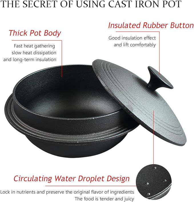 Korean Traditional Cast Iron Pot, Heavy Duty Dutch Oven with Lid, Rice Stew Pot Skillet Cookware for Braising Stews Roasting,Gas Stove Induction Cooker Safe(D20cm/7.8", Black)