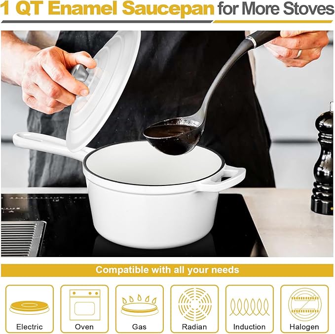 HaSteeL 1 QT Cast Iron Saucepan, Mini Enamel dutch oven with lid, Small Non Stick Pan for Milk, Pasta Tomato Sauce, Butter, Breakfast, Soup, Suitable for Boiling Stewing Frying, Easy to Clean, White