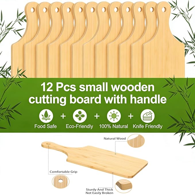 12 Pcs Thicken Bamboo Wooden Cutting Board with Handle,11x5 Inch Hanging Charcuterie Boards Unfinished Wood Cutting Board Blanks Bulk for Crafts,Laser Engraving Wedding Mother's Day Housewarming Gift