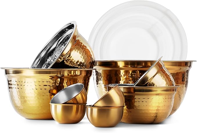 COOK WITH COLOR 18 Piece Mixing Bowls Set with Airtight Lids, Handcrafted Stainless Steel Bowls, Food Storage Containers, Meal Prep, Nesting Salad Bowls For Cooking, Baking, Kitchen, Gold- Hammered