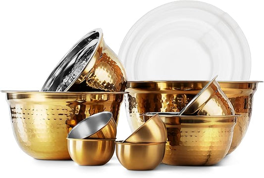 COOK WITH COLOR 18 Piece Mixing Bowls Set with Airtight Lids, Handcrafted Stainless Steel Bowls, Food Storage Containers, Meal Prep, Nesting Salad Bowls For Cooking, Baking, Kitchen, Gold- Hammered