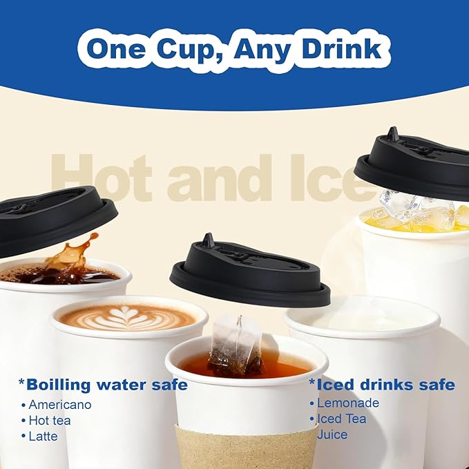 16 oz 50 Pack Coffee Cups with Lids and Sleeves, Straws, Hot Disposable To Go Travel Paper Cups Bulk for Office, Home Coffee Bar Accessories, Chocolate, Cocoa, Beverage (White)