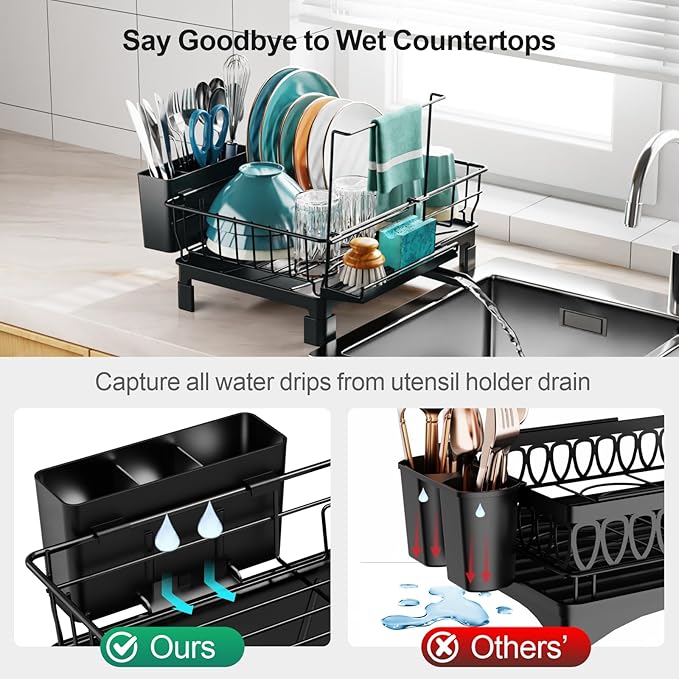 GSlife Small Dish Drying Rack for Kitchen Counter with Sponge Holder - Compact Dish Drainer for RV, Camper and Apartment, Rust-Resistant Wire Rack with Drainboard & Utensil Holder (Black)