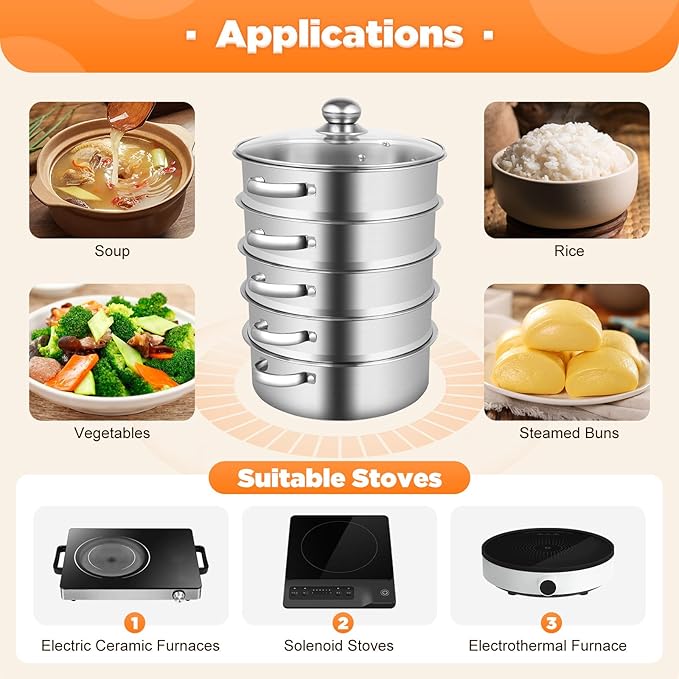 5-Tier Stainless Steel Steamer, Stainless Steel Steamer Basket Multi-Layer Cookware Steamer Pot Food Grade Steamer Pot with Glass Lid and Handles for Home Kitchen Restaurant Hotel (Silver B, 10inch)