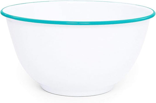 Crow Canyon Home Enamelware Salad Bowl, 5 quart, Vintage White/Turquoise