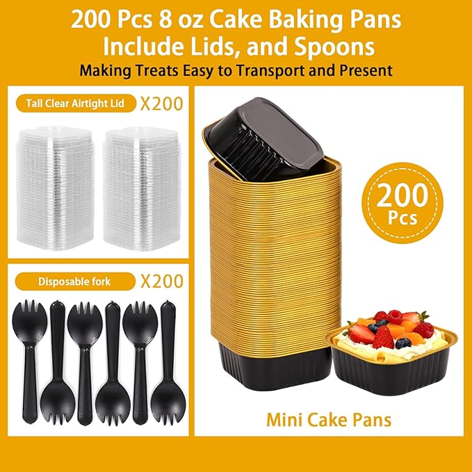 200 Pack 8 oz Black Gold Mini Aluminum Cake Pans with Lids and Spoons, Disposable Square Baking Cups, Oven Safe Foil Ramekins for Individual Desserts, Cupcakes, Cheesecakes Ramekins Muffin