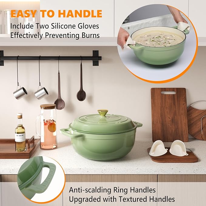 Bonnlo 7.5QT Round Dutch Oven, Enameled Cast Iron Dutch Oven Pot with Lid & Dual Handles, Oven Safe Up to 500° F, for Sourdough, Bread Baking, Stews and Roasting, Green