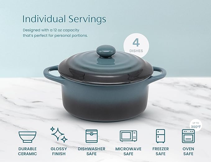 Kook Ceramic Mini Cocotte Set, Small Casserole Dishes with Lids and Handles, Individual Baking Ramekins, Oven safe 500F, Microwave & Dishwasher Safe, Stoneware, 12 oz, Set of 4, (Stone Ombre)