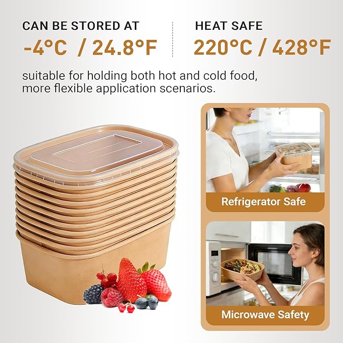 25 oz Disposable Bowls, 200 Sets Large Kraft Square Paper Bowls, Disposable Meal Prep Food Container with Sealing Lid, Microwave Safe Leakproof Serving Bowls, Perfect for Party Lunch Hot Soup