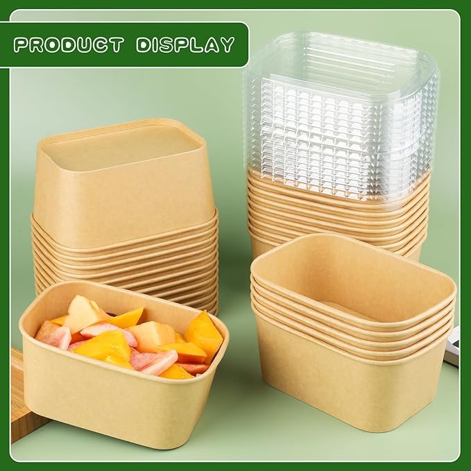 50 Pack 33 oz Paper Bowls, Disposable Food Containers with Lids, Rectangular Disposable Bowls, Disposable Salad Bowls with Lids for Diet Salad, Ice Cream, Yogurt, Party Food