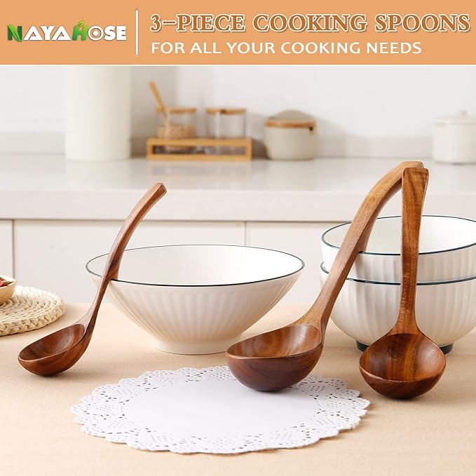 Wooden Ladle for Soup, 3Size Natural Teak Wooden Spoons for Cooking, Non-Stick Wood Spoon, Wood Cooking Spoons, Wooden Soup Spoons, Kitchen Utensils Spoons Sets