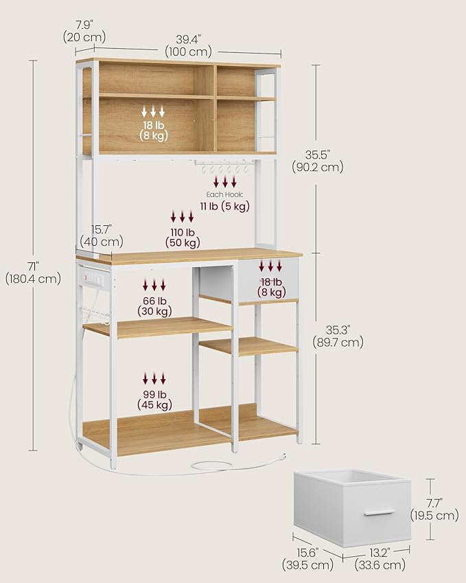 VASAGLE Bakers Rack with Charging Station, Coffee Bar, 15.7 x 39.4 x 71 Inches, Kitchen Microwave Stand, Adjustable Storage Shelves, Fabric Drawer, 12 Hooks, Golden Oak and Cloud White UKKS027Y01
