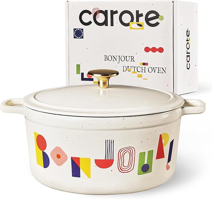 CAROTE 5QT Cast Iron Dutch Oven Pot with Lid, Enameled Floral Dutch Ovens with Gift Box, Versatile Heavy-Duty Cookware for Sourdough Bread Baking, Braising, Stews, Roasting, Healthy & Non-Toxic, All Stovetop Compatible, Oven Safe up to 500° F, Bonjour