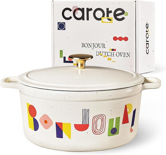 CAROTE 5QT Cast Iron Dutch Oven Pot with Lid, Enameled Floral Dutch Ovens with Gift Box, Versatile Heavy-Duty Cookware for Sourdough Bread Baking, Braising, Stews, Roasting, Healthy & Non-Toxic, All Stovetop Compatible, Oven Safe up to 500° F, Bonjour