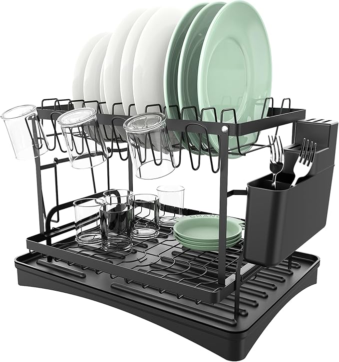 NEATEST Dish Drying Rack, 2-Tier Dish Rack for Kitchen Counter with Auto Draining Tray Kitchen Organizers and Storage with Cutlery Holder for Dish/Knifes/Cup/Cutting Board Dish Drainer