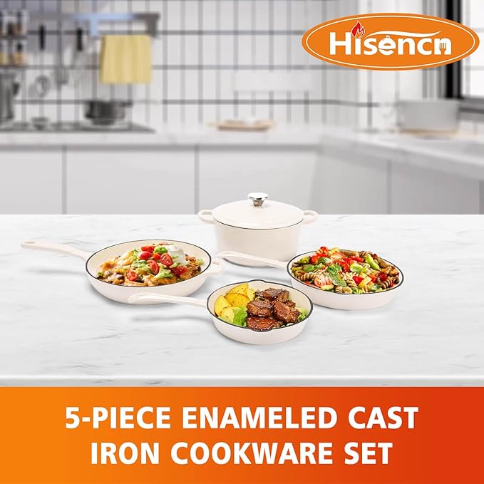 Enameled Cast Iron Cookware Set, 5-Piece Ceramic Coated Pots & Pans with Dutch Oven and Lid, PFAS/PTFE/PFOA-Free, Induction Gas Oven Safe, Cream White Cookware Set