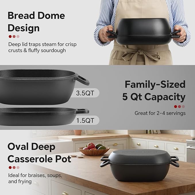 12"x8" Oval Cast Iron Dutch Oven for Bread Baking，Pre-Seasoned Combo Cooker with Lid, Perfect for Sourdough, Artisan Loaves & Family Meals,5 Qt