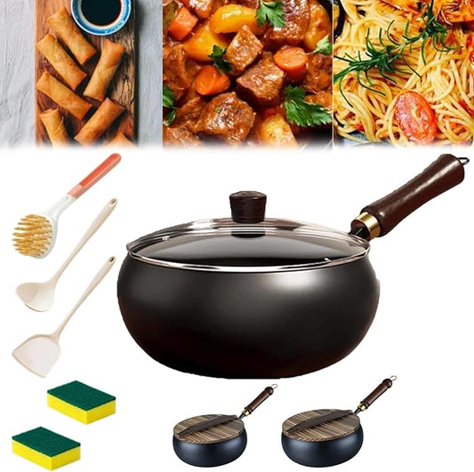 Uncoated Thick Iron Pot, Japanese Iron Pots for Cooking, Uncoating Cast Iron Pot, Non-Stick Cast Irons Wok with Lid, high Purity Irons Frying Pan for Cooking (Hammer-Glass Cover, M-9.5 in)