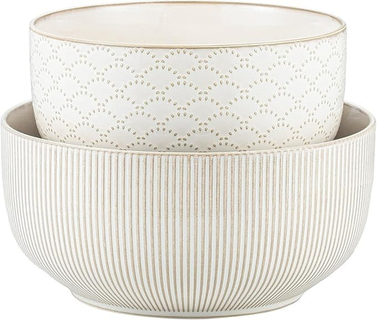 Mikiegy Ceramic Mixing Bowls Set of 2, Nesting Ceramic Embossment Stoneware Mixing Bowls for Cooking, Serving, Popcorn, Salad etc, Microwave & Dishwasher Safe, 98/145 oz, Off-White