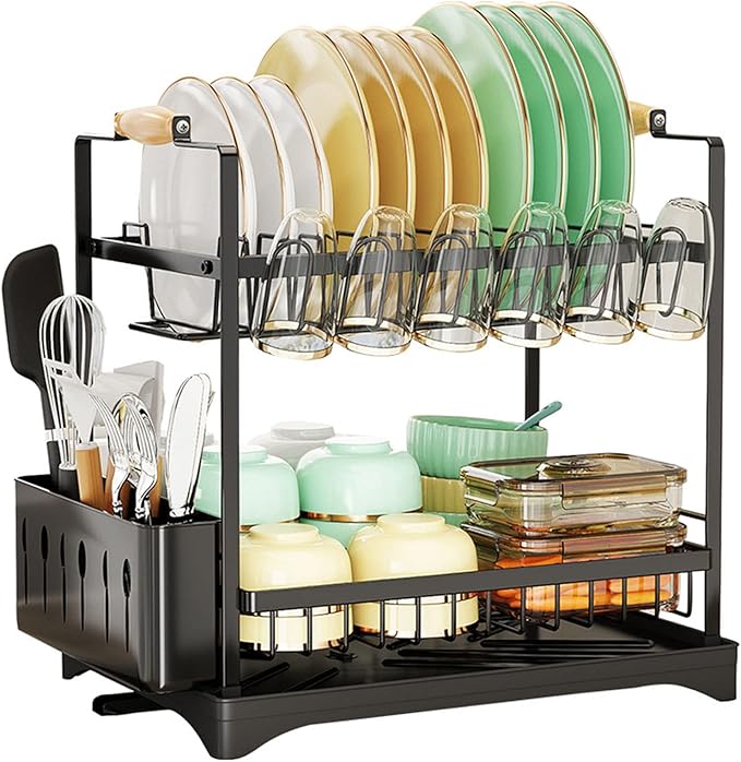 Large Dish Drying Rack, Multifunctional 2-Tier Dish Rack for Kitchen Counter, Anti-Rust Drying Dish Rack with Cutlery and Cup Holders for Various Kitchenware, Black