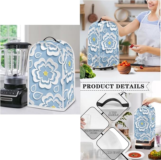 Blue Floral 2 Slice Toaster Cover Set, Bread Toaster, Blender and Slow Cooker Dust and Fingerprint Protection, Machine Washable Kitchen Decor