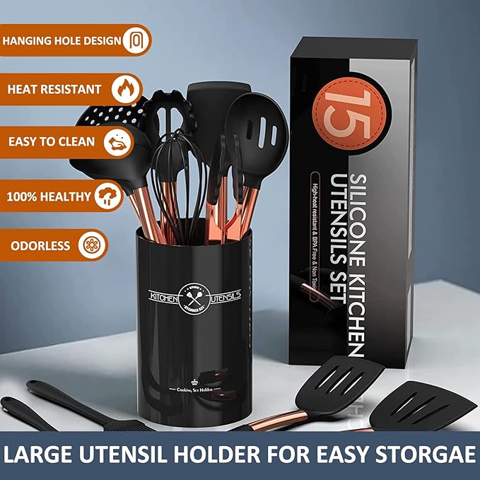 Silicone Cooking Utensil Set, Umite Chef Kitchen Utensils 15pcs Cooking Utensils Set Non-stick Silicone Rose Gold Handle Cooking Tools Whisk Kitchen Tools Set - Balck