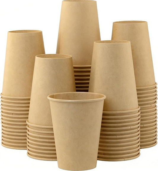 12 oz 100 Pack Disposable Coffee Cups, Bulk Brown Disposable Paper Cups, Coffee Cups for Hot Tea, Chocolate and Cold Drinks