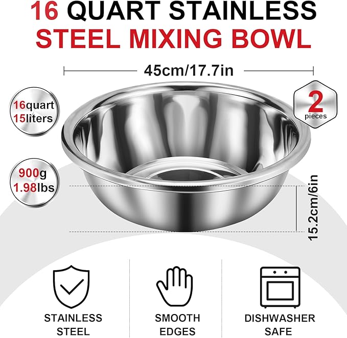 2 Pack Large Mixing Bowl 16 Qt Oversized All Purpose 304 Stainless Steel Polished Mirror Flat Base Metal Bowl for Home or Commercial Prepping Baking Mixing Marinating