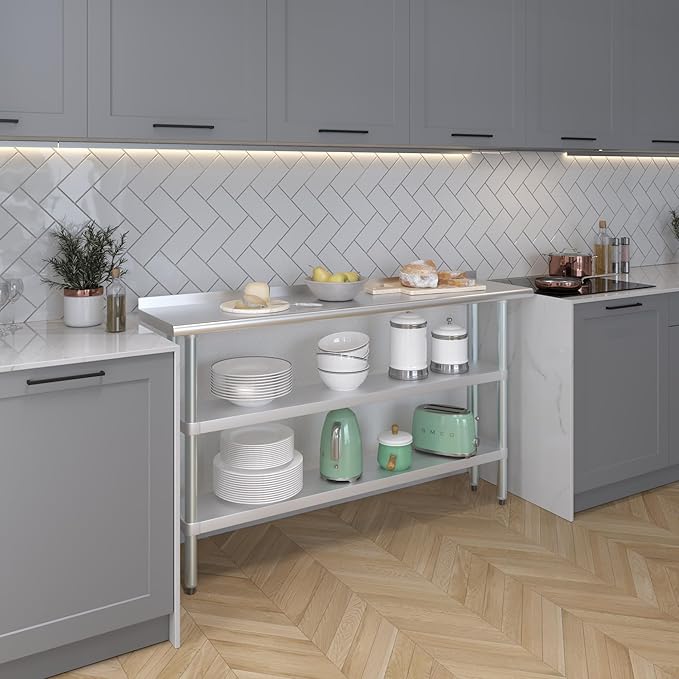 AmGood Stainless Steel Work Table with 1.5" Backsplash and 2 Shelves | Metal Kitchen Food Prep Table | NSF (60" Long x 14" Deep)
