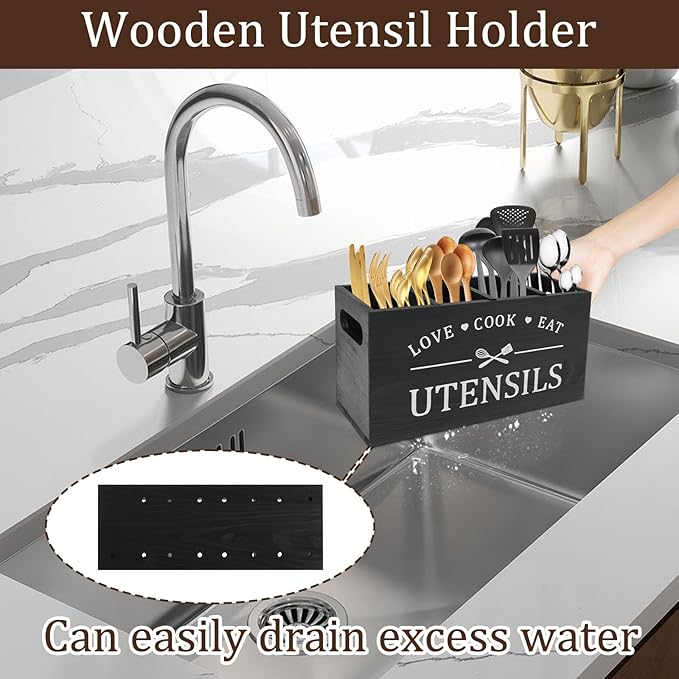 2 Pack Extra Large Kitchen Utensils Holder with 4 Compartments, Wooden Utensil Organizer for Kitchen Countertop, Farmhouse Kitchen Decor, Rustic Cooking Utensil for Knives, Forks, Spoon and Spatula