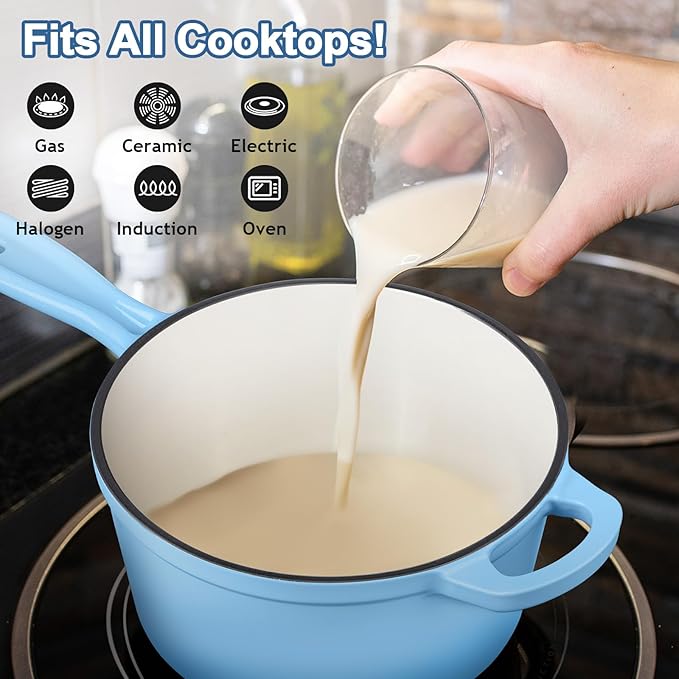 Enameled Cast Iron Sauce Pan with Lid, Leonyo 2 Quart Saucepan with Lid, Enamel Cast Iron Dutch Oven for All Cooktops Making Pasta Sauce, Milk, Oatmeal - Up to 500°F & 6.7Lbs, Lake Blue