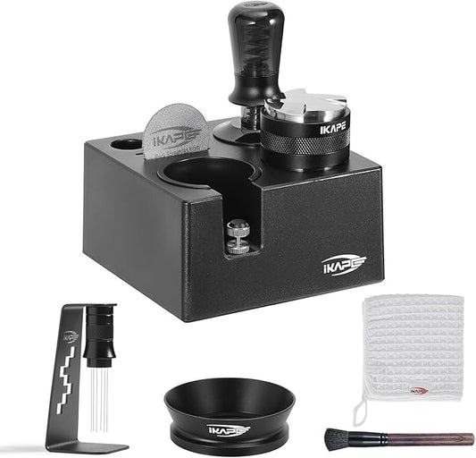 IKAPE 58mm Black Espresso Tool Set 8 IN 1, Coffee Tamper, Distributor, Magnetic Funnel, Puck Screen, Tamper Station, Stirrer Distribution Tool, Cleaning Towel and Brush