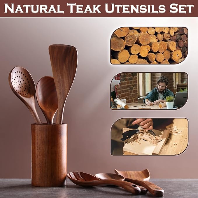 Wooden Utensil Set 6Pcs Wooden Spoons for Cooking, Natural Teak Wood, Non-Stick, Smooth Finish, Easy to Clean, Comfort Grip, Kitchen Wooden Cooking Utensils Set