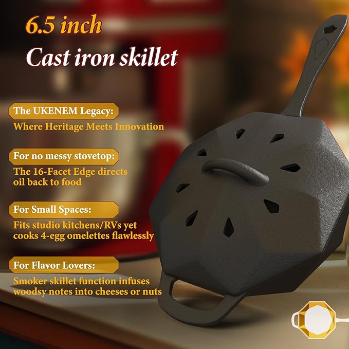 Dual-Layer Wood Stove Steamer/Humidifier + 6.5 Inch Octagon Cast Iron Skillet with Lid – Multi-Functional for Steaming, Frying, Baking & Stove