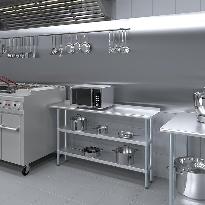 AmGood Stainless Steel Work Table with 1.5" Backsplash and 2 Shelves | Metal Kitchen Food Prep Table | NSF (60" Long x 14" Deep)