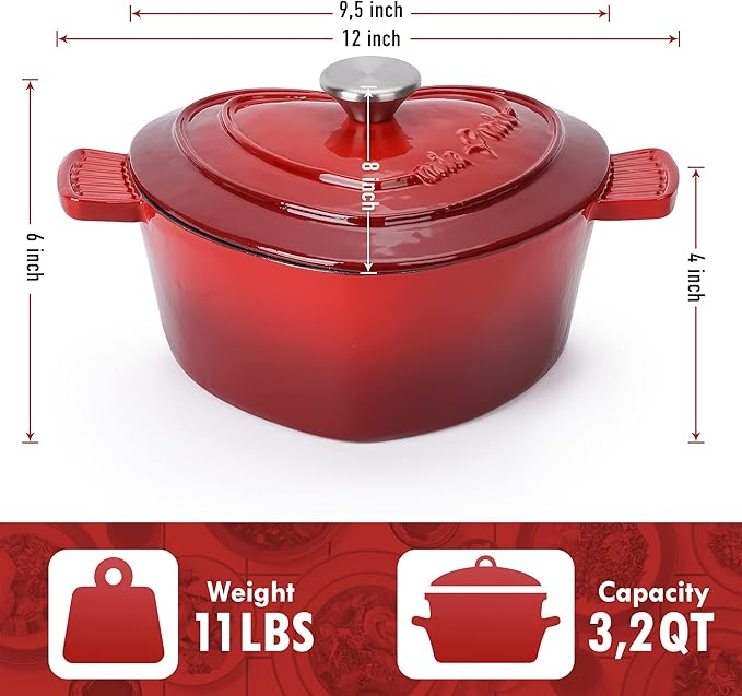 MIAMIO - Enameled Cast Iron Dutch Oven (3.2 Quart, 10 Inch) in Heart Shape Non Stick Pot/Gift for Christmas, Suitable for All Heat Types + Oven