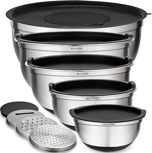 Belwares Mixing Bowls Set with Airtight Lids - 8PCS Stainless Steel Nesting Mixing Bowls Non-Slip with 3 Grater Attachments, Kitchen Bowls, Sizes 5, 4, 3.5, 2, 1.5QT Baking & Food Prep (Matte Black)