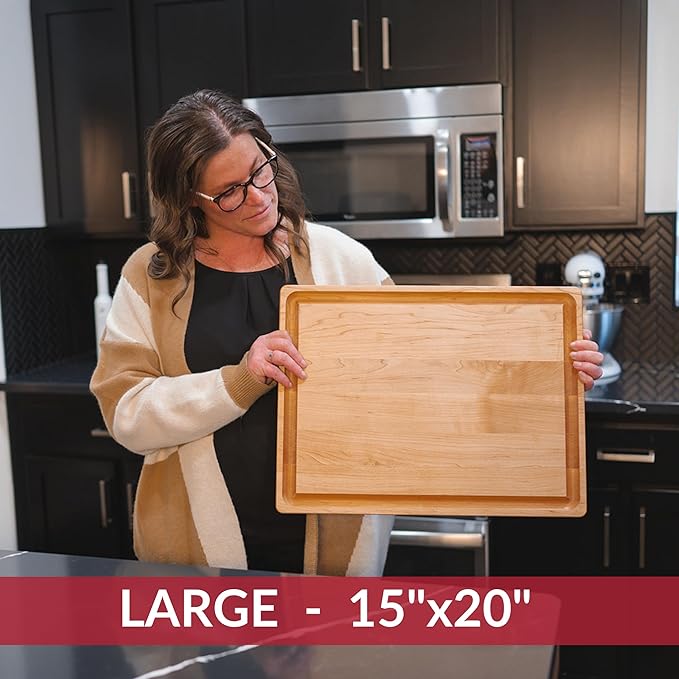 Made in USA Large Solid Maple Wood Cutting Board by Virginia Boys Kitchens - Butcher Block Wooden Carving Board with Juice Groove made from Sustainable North American Hardwood (20x15)
