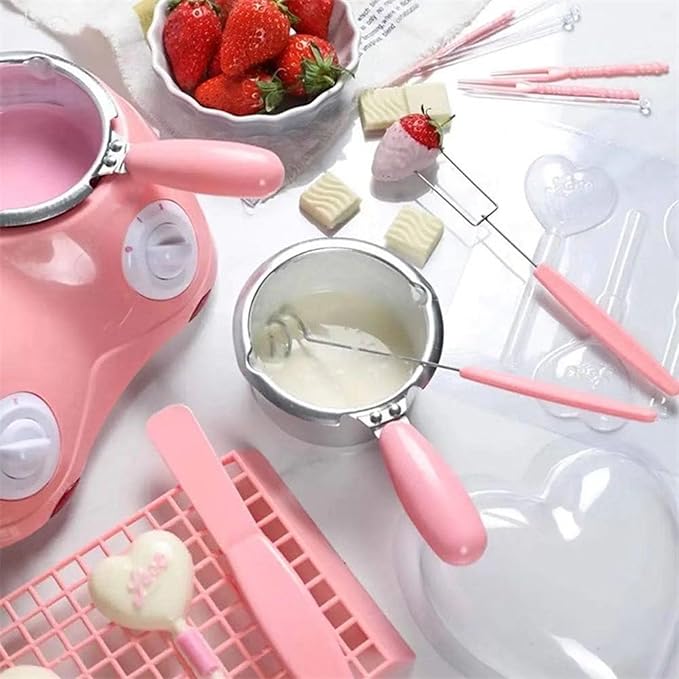 Chocolate Melting Pot with Dual Bowls, 2-Speed Temperature Fondue Maker, Chocolate Melter DIY Moulds for Cheese, Butter, 8.45oz Fondue Warmer Machine for Candy, Desserts, Home Parties Baking (Pink)