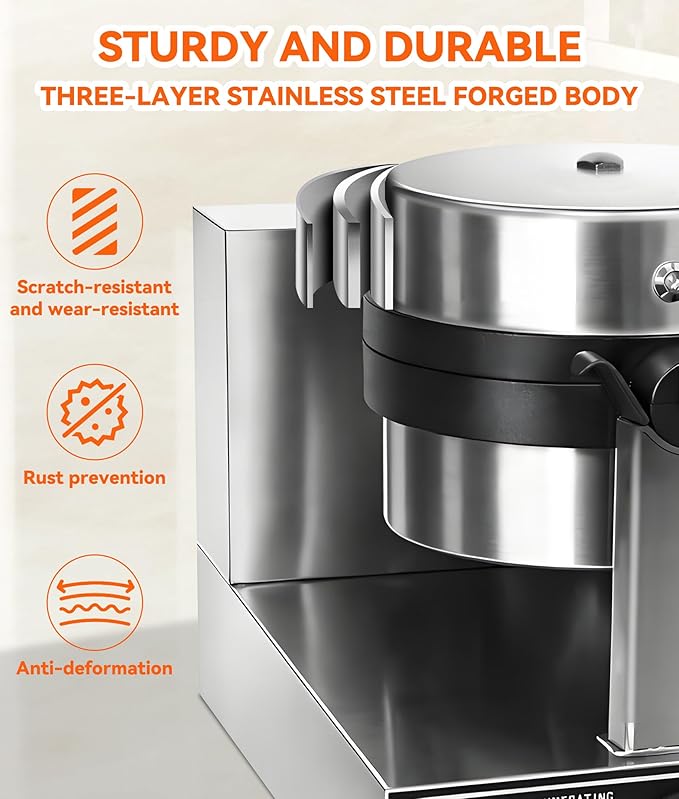Commercial Waffle Maker, 1300W Round Waffle Iron, Teflon-Coated Non-Stick Baking Pan 180° Rotatable Waffle Baker Machine Stainless Steel Body With Temp and Time Control 110V-120V