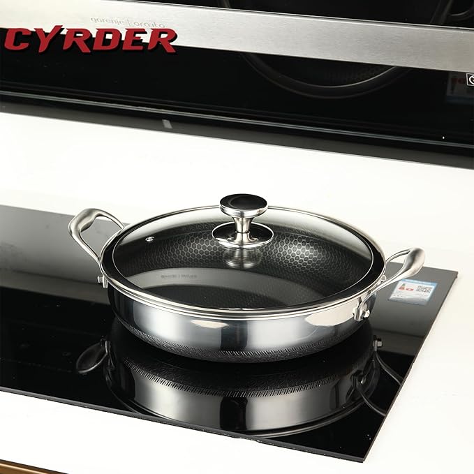 Large Hybrid Nonstick Deep Frying Pan-13inch 316L Stainless Steel Sauté Pan and Lid, Two Handle Hold, PFOA Free, Dishwasher Oven Safe, Cookware to Stir fry/Toast/Roast/Bake/Stew, 7.2-Quart