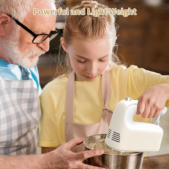 9-Speed Digital Hand Mixer Electric, 400W Powerful DC Motor, Hand Mixer Electric Handheld with Snap-On Storage Case, 5 Stainless Steel Accessories, Beaters, Dough Hooks, Whisk(Cream White)