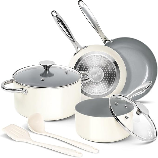 MICHELANGELO Pots and Pans Set Non Stick - Titanium Cookware Set Non Toxic Ceramic Coating, 8-Pcs Nonstick Pots and Pans with Ergonomic Handle, Dishwasher Safe & Induction Compatible, Cream