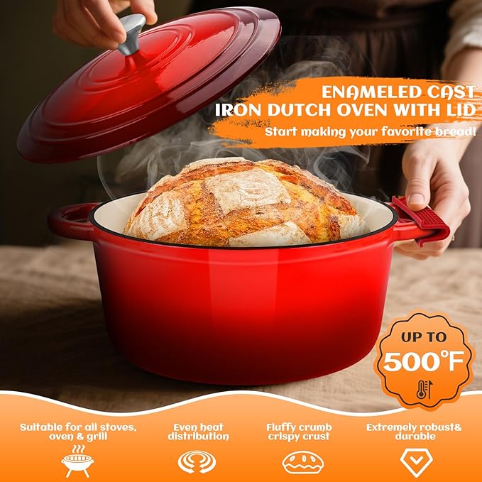 Enameled Cast Iron Dutch Oven Pot with Lid, Incl. Sourdough Bread Baking Supplies Like Banneton Bread Proofing Basket, Starter Jar, Bread Lame, 5QT Dutch Oven for Bread Baking, Oven Safe up to 500°F